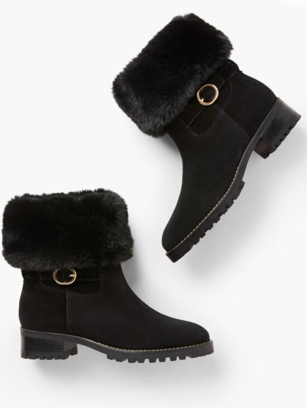 Talbots Tish Fold Over Suede Black Faux-Fur Trim Ankle Boots Women's 8.5 Nwot